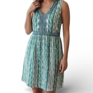 J.Jill Sleeveless Shift Dress Green White Ikat Cotton V-Neck Size 2X Embroidered